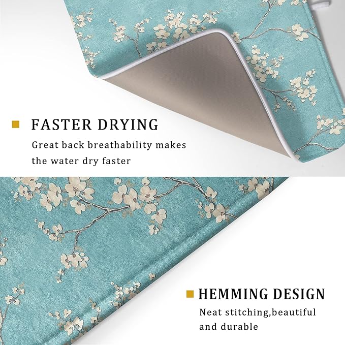 Teal Turquoise Dish Drying Mat for Kitchen Counter Spring Floral Drying Mat 18 x 24 Inch with Absorbent Reversible Microfiber Dish Drying Pad Dish Rack Drainer Mat for Coffee Bar