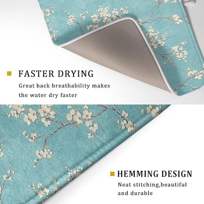 Teal Turquoise Dish Drying Mat for Kitchen Counter Spring Floral Drying Mat 18 x 24 Inch with Absorbent Reversible Microfiber Dish Drying Pad Dish Rack Drainer Mat for Coffee Bar