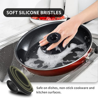 Silicone Sponge, BEAUTAIL Non-Scratch Scrub Sponges, for Washing Dishes and Cleaning Kitchen, Long Lasting and Reusable Dishwashing Scrubber, Suction Up Hang Designed, 2 Pack, Black+Olive Green