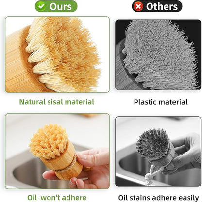 SUBEKYU Bamboo Dish Brush Set with Soap Holder, Wooden Dish Scrubber with Soap Dispenser, Natural Kitchen Scrub Brush, Washing Pot/Pans/Cast Iron, 2 Pack, Sisal + Coconut Palm Bristles