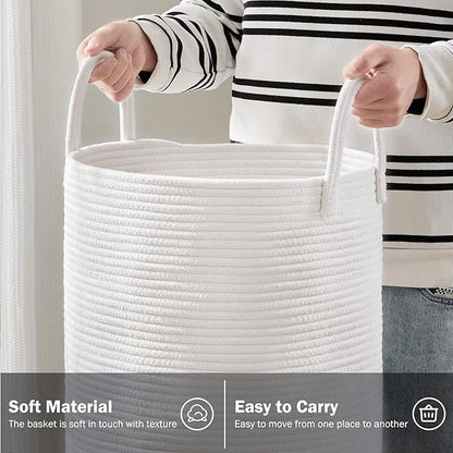 Woven Rope Laundry Hamper Basket by YOUDENOVA, 58L Tall Laundry Basket, Baby Nursery Hamper for Blanket Storage, Clothes Hamper for Laundry in Bedroom-Large-Pure White