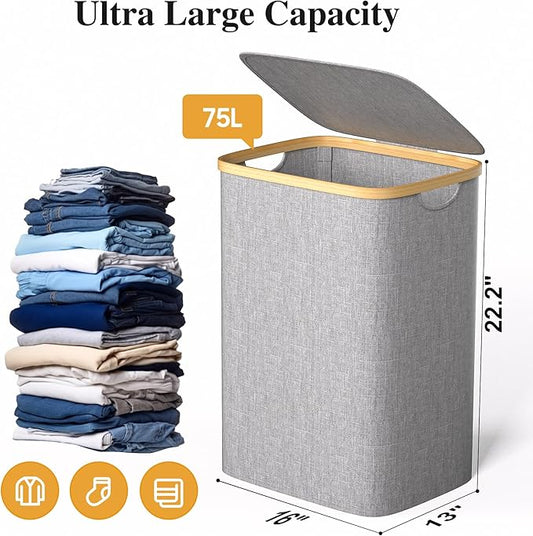 Large Laundry Hamper, 75L Waterproof Laundry Basket with Lid and Removable Bag, Collapsible Tall Clothes Hamper with Bamboo Handles for Clothes Toys in Dorm Bedroom Bathroom, Grey