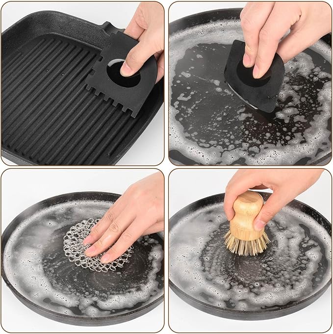 Cast Iron Scrubber, Kitchen Cleaning Set Including Honeycomb Non-Slip Silicone Pot Handle Holder, 2 Pan Grill Griddle Scrapers, Bamboo Handle Brush, 316 Stainless Steel Chainmail for Easy Clean