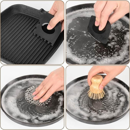 Cast Iron Scrubber, Kitchen Cleaning Set Including Honeycomb Non-Slip Silicone Pot Handle Holder, 2 Pan Grill Griddle Scrapers, Bamboo Handle Brush, 316 Stainless Steel Chainmail for Easy Clean