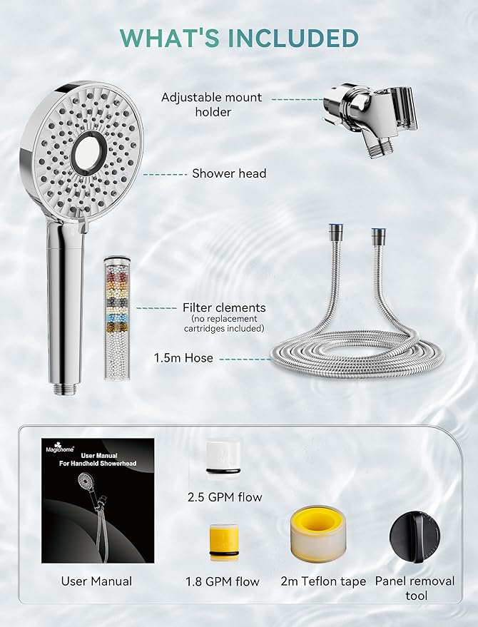Magichome Filtered Shower Head with Handheld, High Pressure 10-Spd Detachable Chrome Showerhead with Stainless Hose, Water Softener Filter Beads for Hard Water - Remove Chlorine, Reduce Dry Itchy Skin