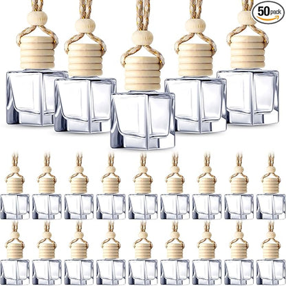 BBTO 50 Pcs Hanging Car Air Freshener Car Diffuser Bottles Empty Glass Perfume Bottle Freshener Diffuser Bottle Pendant for Essential Oil Fragrance Aromatherapy Bottle Ornament(Cube)