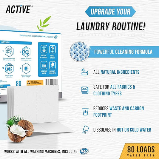 ACTIVE Laundry Detergent Sheets Eco Washing Strips - 80 Loads, Free & Clear Liquidless Clothes Washer Sheet, Zero Waste Travel Laundry Strip, Dissolvable Space Saving Sheets For HE - Fragrance Free