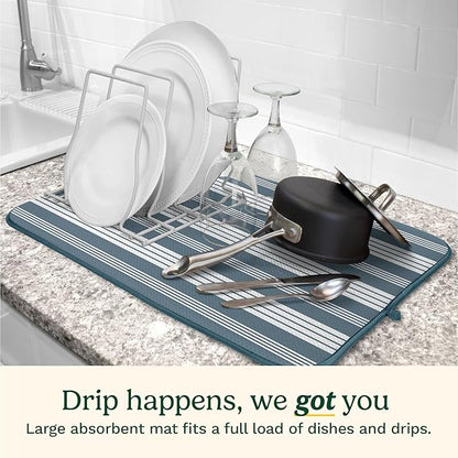 Cuisinart Dish Drying Mats for Kitchen Counter - (2) 16" x 18" Ultra Absorbent Kitchen Dish Drying Mat - Mesh Backing, Foldable, Machine Washable, Fast Drying Dish Mat (Solid Stripes)