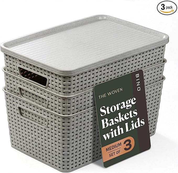 BINO | Plastic Storage Baskets with Lids, 15.5 Liter - 3 Pack, Natural Grey | THE WOVEN COLLECTION | Storage Basket for Shelves | Woven Storage Baskets for Organizing Bins | Pantry Shelf Organizer Bin