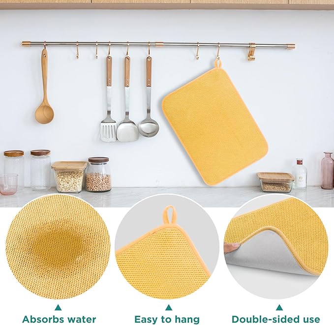 GeeRic Microfiber Dish Drying Mat, Super Absorbent Kitchen Dish Drying Pad for Mother's Day, Reversible Gift Mats for Countertop, 12 * 16 inch Yellow