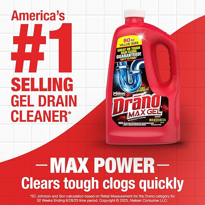 Drano Max Gel Drain Clog Remover & Cleaner, Fast-Acting to Unclog Standing Water & Remove Hair, Grease & Food Blockages, Safe for all Pipes & Septic, Kitchen Sinks, Bathroom Showers & Tubs, 80 Oz