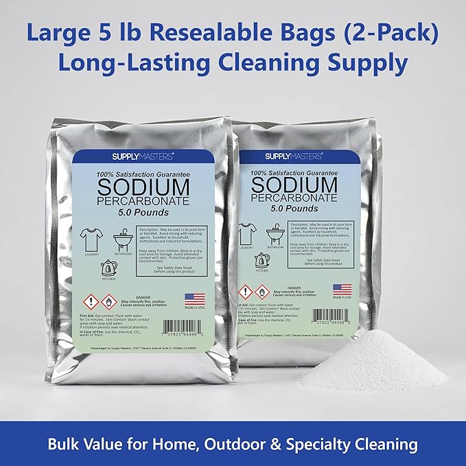 Sodium Percarbonate Powder 2 Pack (10 lbs Total) – Oxygen Bleach Alternative & Stain Remover – Multi-Purpose Cleaner for Laundry, Carpets, Tile, Grout, Decks, Kitchens & Outdoor Areas