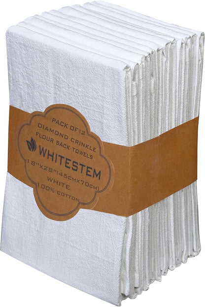 Flour Sack Towels 18” x 28” – Pack of 12 Cotton Kitchen Towels, Dish Towels and Tea Towels for Embroidery, Thick Absorbent for Baking & Bread Proofing - White