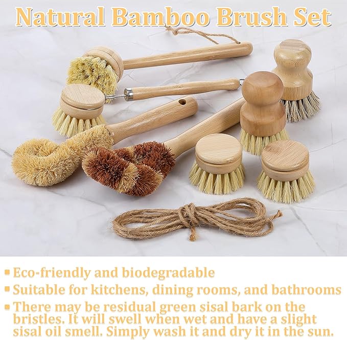9 Pcs Bamboo Dish Brush Set Wooden Dish Brush with Sisal and Palm Fiber Natural Wooden Kitchen Brushs Practical Dishs Cleaning Brushs Sets for Pots Pans Bottle Sink Vegetables Household Cleaning