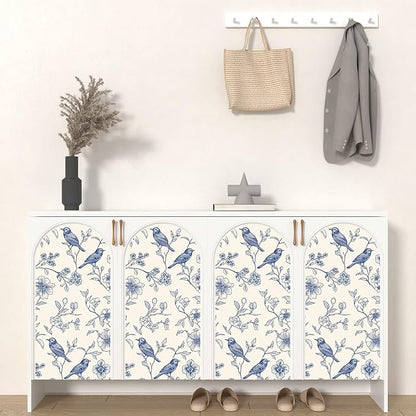 Beige Wallpaper Peel and Stick Blue Floral Bird Vintage Contact Paper 17.5" x 118" Boho Animal Self Adhesive Waterproof Removable for Bathroom Shelves Cabinet Drawer Table Decor Renter Friendly