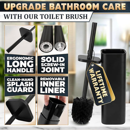 Black Toilet Brush with Square Stainless Steel Holder - Freestanding Toilet Brush and Holder Set Black - Removable Plastic Inner Cup, Splash Guard Cover, Replaceable Head, Corrosion Resistant Finish