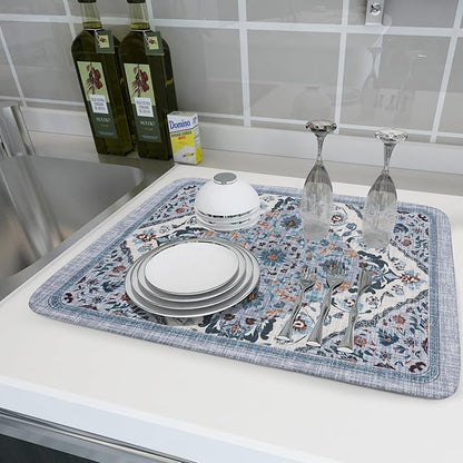 Boho Flower Dish Drying Mat Blue Bohemian Dishes Drainer Rack Mat 18x24 Inch Microfiber Kitchen Drying Pad for Countertop Tableware Decor