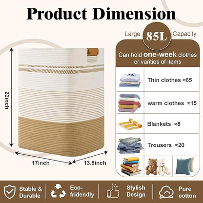Laundry Hamper, 85L Tall Laundry Basket with Leather Handles, Rectangle Large Clothes Hamper for Organizing, Cotton Woven Laundry Baskets Storage Hampers for Bedroom, Nursery, Living Room