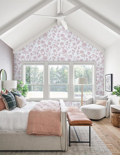 Timeet Floral Peel and Stick Wallpaper Pink and White Wallpaper Removable Self-Adhesive Contact Paper for Bedroom Bathroom Vintage Wall Paper for Walls Covering 17In×393.7In
