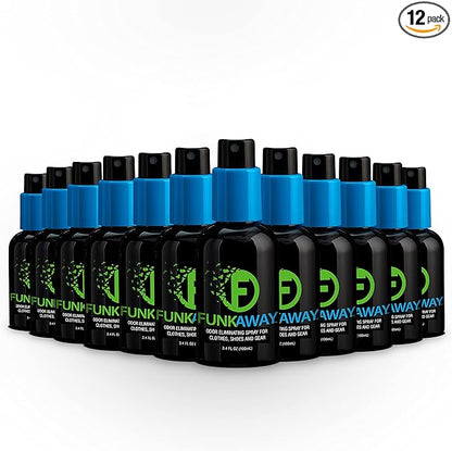 FunkAway Odor Eliminator Spray for Shoes, Clothes and Gear, 3.4 oz., 12 Pack, Non-Aerosol; Mini Size for Travel, Ideal for Gym Bag, Purse, Locker or Suitcase