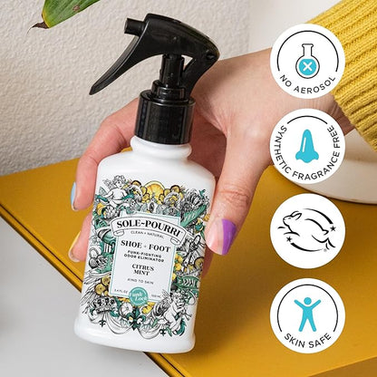 Sole-Pourri Shoe Deodorizer + Foot Spray, 3.4 Fl Oz, Up to 150 Uses, Funk-Fighting Odor Freshener with Essential Oils, for Smelly Shoes, Feet & Gym Bags, Citrus & Mint Scent