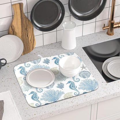 Blue Coral Dish Drying Pad 18 x 24 Inch With Absorbent Reversible Microfiber Coastal Starfish Seashell Summer Drying Mats Dish Drainer Mat Fast Dry For Kitchen Dining Room Decoration