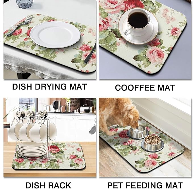 Dish Drying Mat for Kitchen Counter 20x12in Washable Quick Dish Drying Pad Rubber Backed Absorbent Draining Mat Fit Kitchen Counter,Bar,Under Sink,Dishes,Utensils,Dish Rack