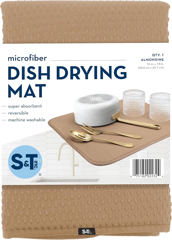 S&T INC. Dish Drying Mat, 16” x 18”, Absorbent Microfiber Kitchen Counter Mat, Drying Pad for Dishes, Utensils, Pots and Pans, Large, Diamond Texture, Almond