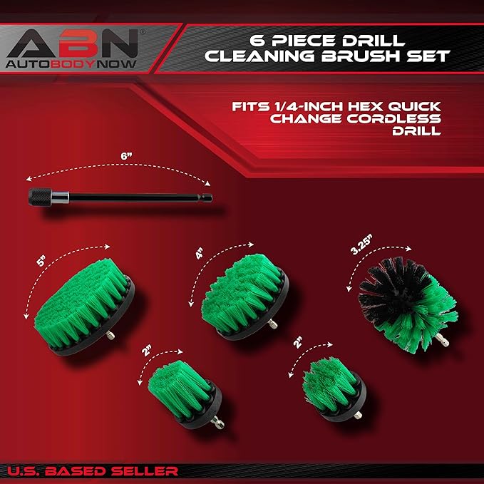 ABN 1/4in Drive Nylon Power Scrubber Drill Brush Attachment 5pc Set with 1pc Extension - Shower Cleaner, Spa Hot Tub Scrubber, Carpet Brush, Grout Cleaner for Home and Auto Car - Green Medium Bristle
