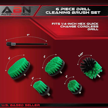 ABN 1/4in Drive Nylon Power Scrubber Drill Brush Attachment 5pc Set with 1pc Extension - Shower Cleaner, Spa Hot Tub Scrubber, Carpet Brush, Grout Cleaner for Home and Auto Car - Green Medium Bristle