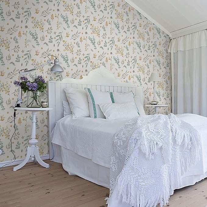 Timeet Floral Wallpaper Peel and Stick Self Adhesive Wallpaper Green/Yellow/Beige Removable Wall Paper Decor 15.4in x 118.11in