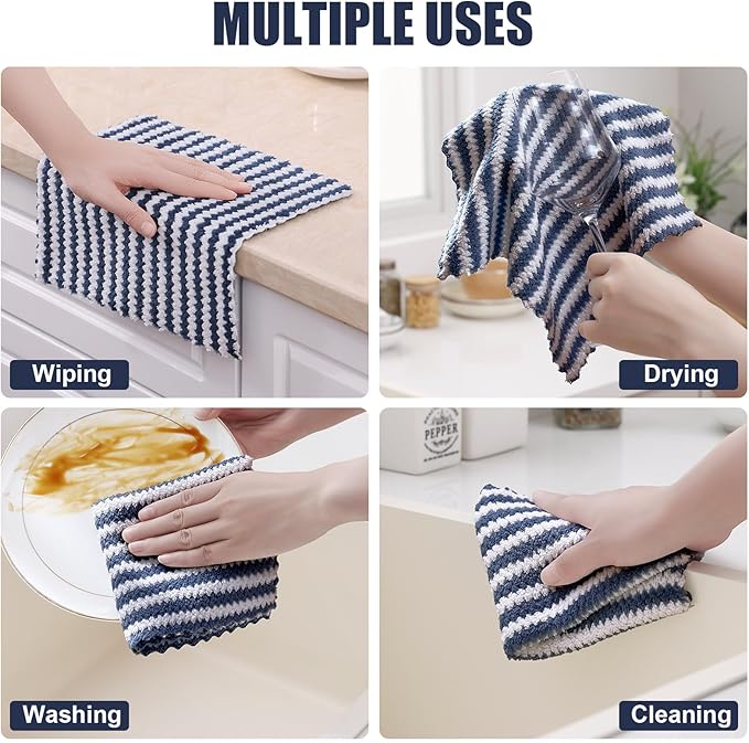 Homaxy 24 Pack Kitchen Dish Cloths, Ultra Soft and Absorbent Dish Towels, Reusable Fast Drying Microfiber Cleaning Cloth, Coral Velvet Wave Design No-lint, 10 x 10 inches, Navy Blue