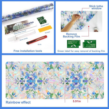 Rainbow Window Privacy Film,Heat Control,UV Blocking,Anti-Glare,Day & Night Privacy Protection & Decoration for Home, Bathroom,Glass Door,Static Cling,Renter-Friendly with Installation Tools