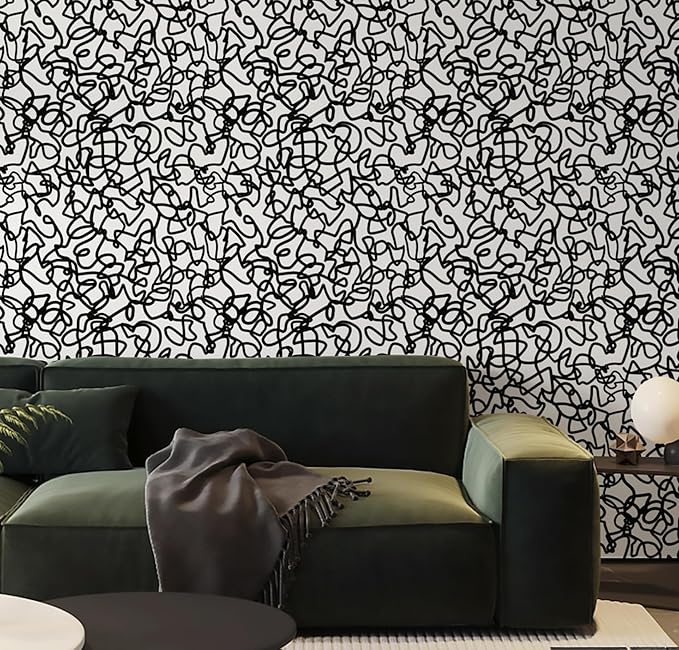 Ismoon 17.3"X393" Unique Black and White Peel and Stick Wallpaper Scribbles Wallpaper Modern Black Contact Paper Thickened Removable Self-Adhesive Contact Paper for Home Decoration Vinyl Film Roll