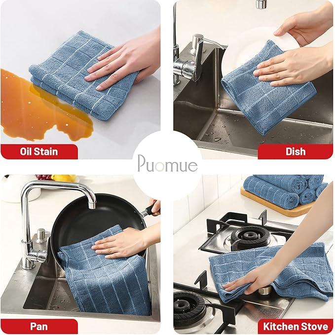 Microfiber Kitchen Towels and Dishcloths Set, 26 X 18 Inch and 12 X 12 Inch, Set of 12 Bulk Lint Free Dish Towels for Drying Dishes, Blue