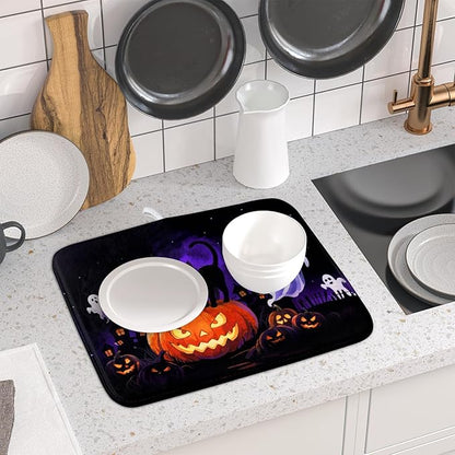 Halloween Ghost Pumpkin Dish Drying Mat for Kitchen Counter 16x18 Black Cat Holiday Scary Theme Absorbent Reversible Microfiber Drying Mats Kitchen Countertop Protector Dishes Drainer Pad