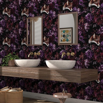 Fox Floral Animal Wallpaper Peel and Stick, Dark Purple/Red Goth Contact Paper, Black Vintage Gothic Wall Paper Self Adhesive Removable Waterproof for Bedroom Shelf Cabinet Drawer Table 17.5" x 118"