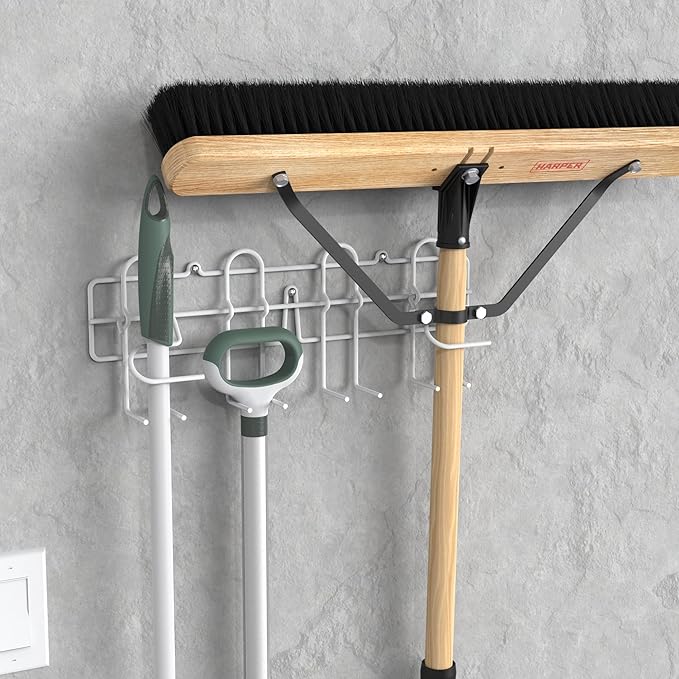 ClosetMaid 3462 Broom & Mop Holder for Wall or Door Mount, Durable White Metal Steel