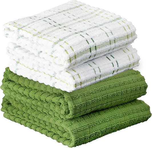 Ritz Royale Collection 100% Combed Terry Cotton, Highly Absorbent, Kitchen Towel Set, 13-3/4" x 12", 4-Pack, Solid & Checked, Cactus