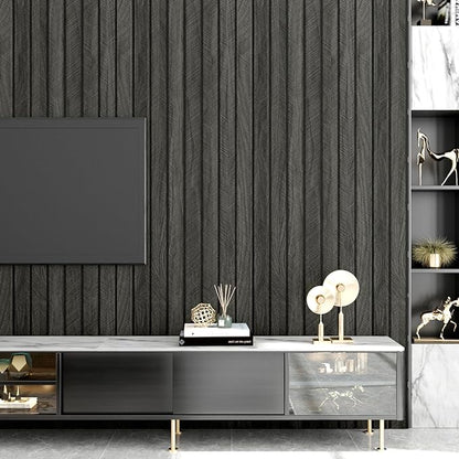 Wallercity 3D Gray/Black Wood Panels for Walls Self Adhesive Wood Slat Wall Paneling for Bedroom Bathroom Thick Peel and Stick Flexible Wooden Wall Panel for Living Room Kids Room Ceiling 11.7''x118''
