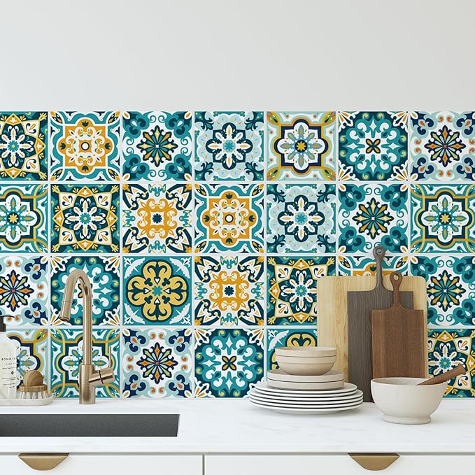 30Pcs Bohemian Self-Adhesive Wall Sticker, Floral Pattern, Peel and Paste, Waterproof Living Room Kitchen Bedroom Wall Sticker, Tile Wall Sticker, Home Wall Decor, 4x4 Inch