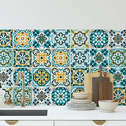 30Pcs Bohemian Self-Adhesive Wall Sticker, Floral Pattern, Peel and Paste, Waterproof Living Room Kitchen Bedroom Wall Sticker, Tile Wall Sticker, Home Wall Decor, 4x4 Inch