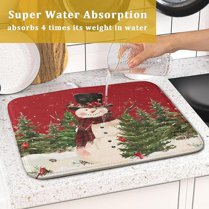 Christmas Snowman Dish Drying Mat for Kitchen Counter 16x18 Inch Watercolor Xmas Tree Bird Print Absorbent Reversible Microfiber Drying Mats Kitchen Countertop Protector Dishes Drainer Rack Pad
