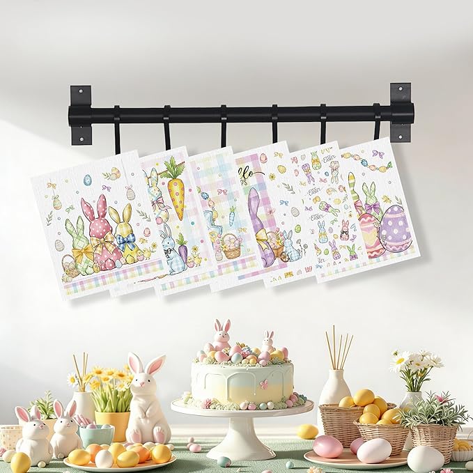 Easter Swedish Dishcloths for Kitchen, 6 Pack Colorful Buffalo Plaid Bunny Rabbit Reusable Paper Towels, Spring Farmhouse Swedish Dish Cloths Super Absorbent Cellulose Sponge Cloths