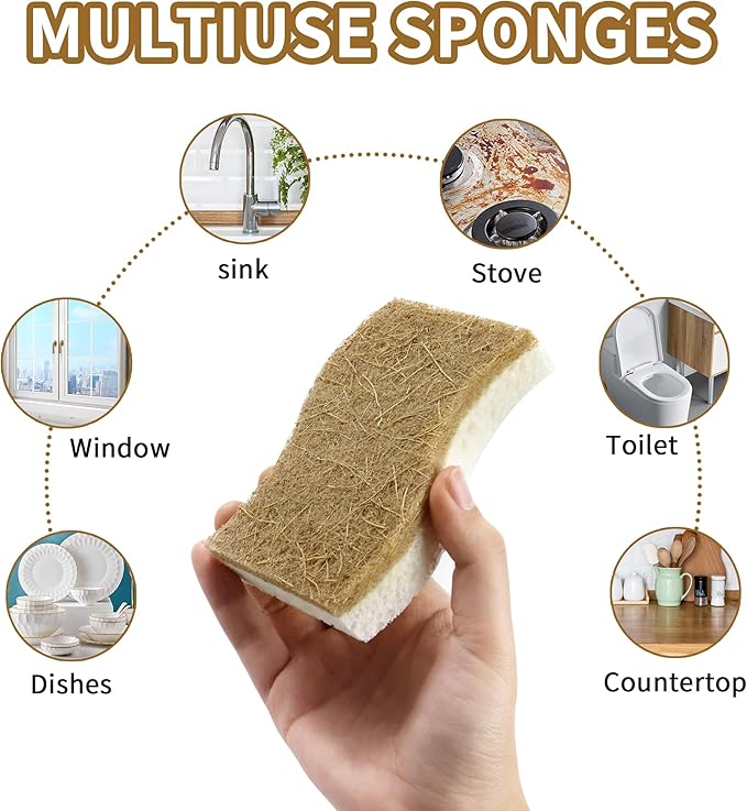 18 Pack Natural Kitchen Sponges, Biodegradable & Compostable | Non-Scratch Cellulose Coconut Fiber Sponges for Dishes, Pots & Pans | Eco-Friendly Cleaning Sponge (18)