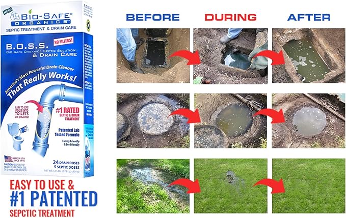 B.O.S.S. Septic Tank Treatment - 12.5oz Powder - 24 Drain or 5 Septic Doses - Patented Bacterial Enzyme - 100% Treats Odors Clogs Backups Pumpouts & Repairs - Works in All Septic Systems - Made in USA