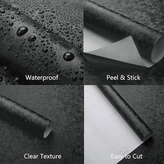 Yasinet Peel and Stick Wallpaper Black Removable Wallpaper Modern Black Contact Paper Dark Thicken Self Adhesive Textured Wall Paper for Cabinets Badroom Waterproof Vinyl 78.7"x 15.7"