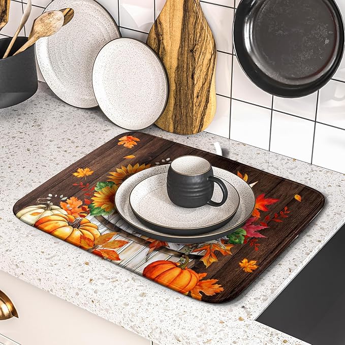 Fall Pumpkin Dish Drying Mat for Kitchen Counter Decor 16x18 Inch Halloween Thanksgiving Dish Drainer Mats Absorbent Reversible Dishes Pad