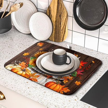 Fall Pumpkin Dish Drying Mat for Kitchen Counter Decor 16x18 Inch Halloween Thanksgiving Dish Drainer Mats Absorbent Reversible Dishes Pad