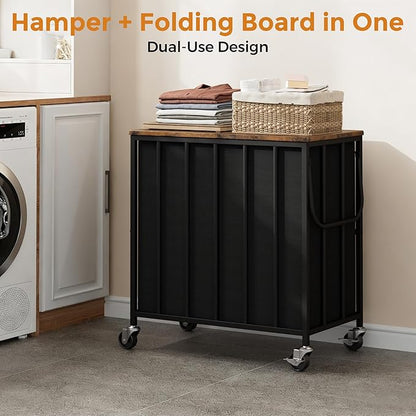 120L Laundry Hamper with Wheels and Lid, Rolling Laundry Basket with Dual Removable Liners, Soft-Close Flip-Top Wooden Lid, Metal Handles, Clothes Organizer for Bedroom and Laundry Room